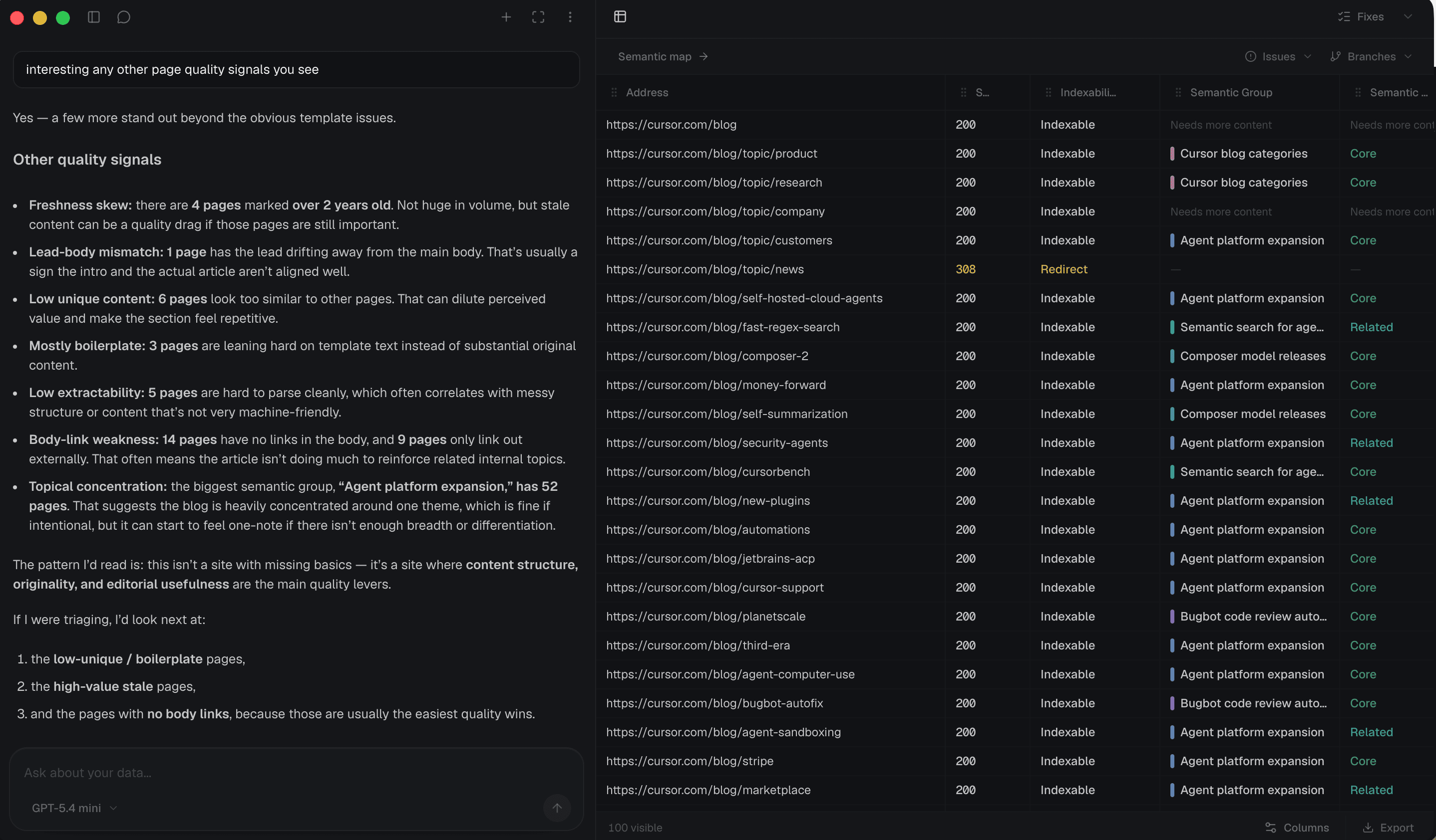 Pagebrain table view in dark mode