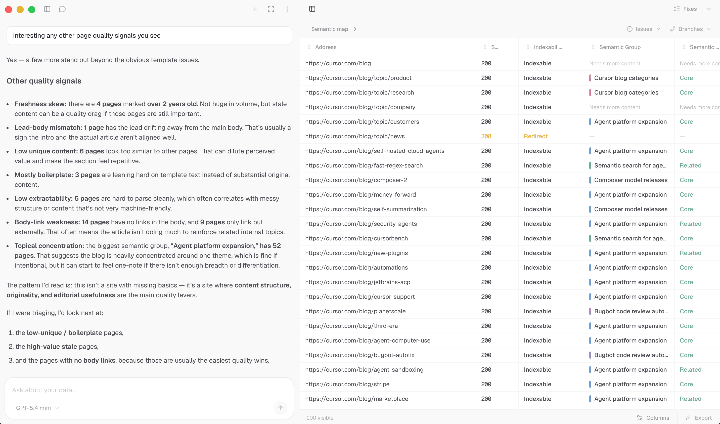 Pagebrain crawl table view in light mode