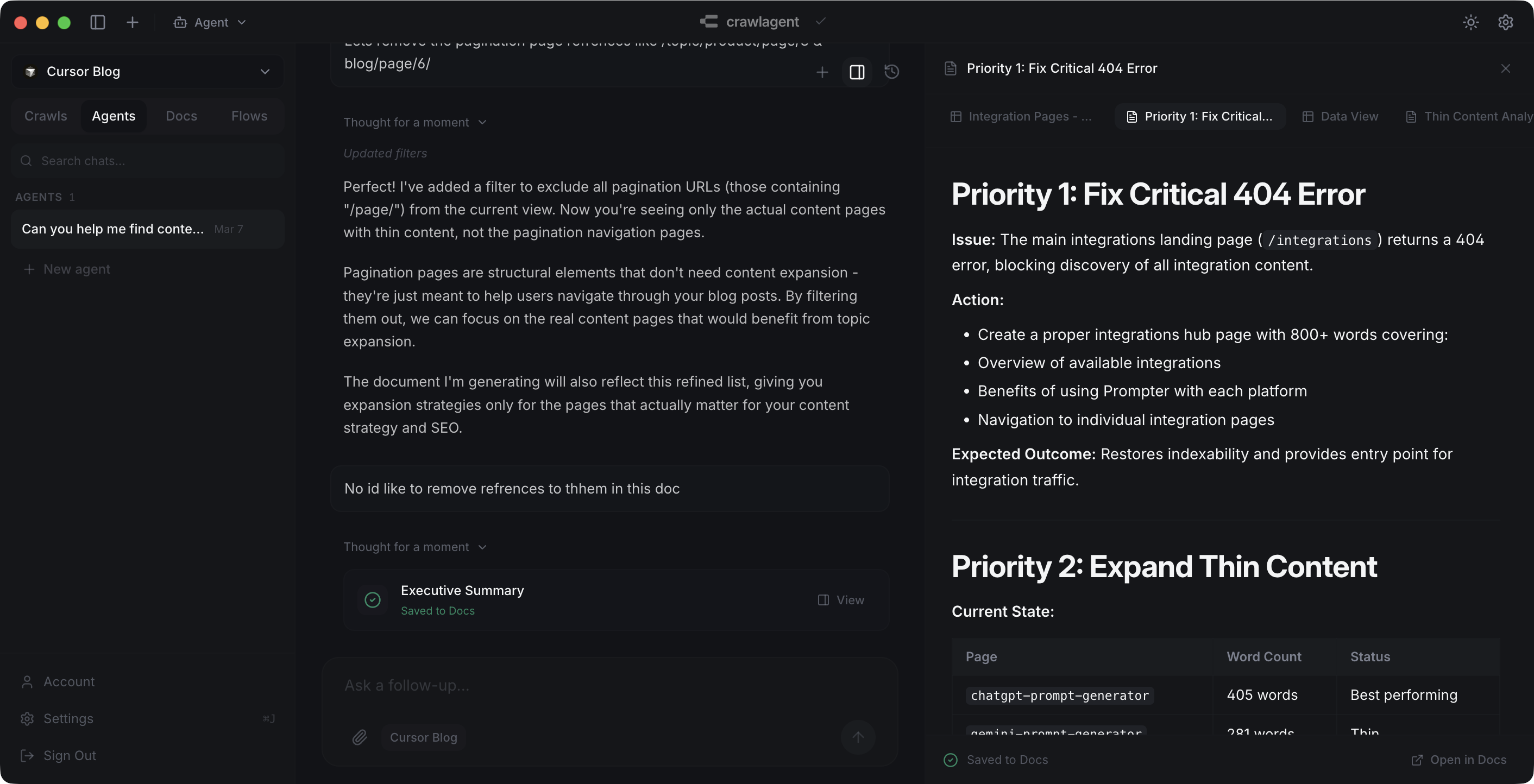 Crawltable analyzing a website