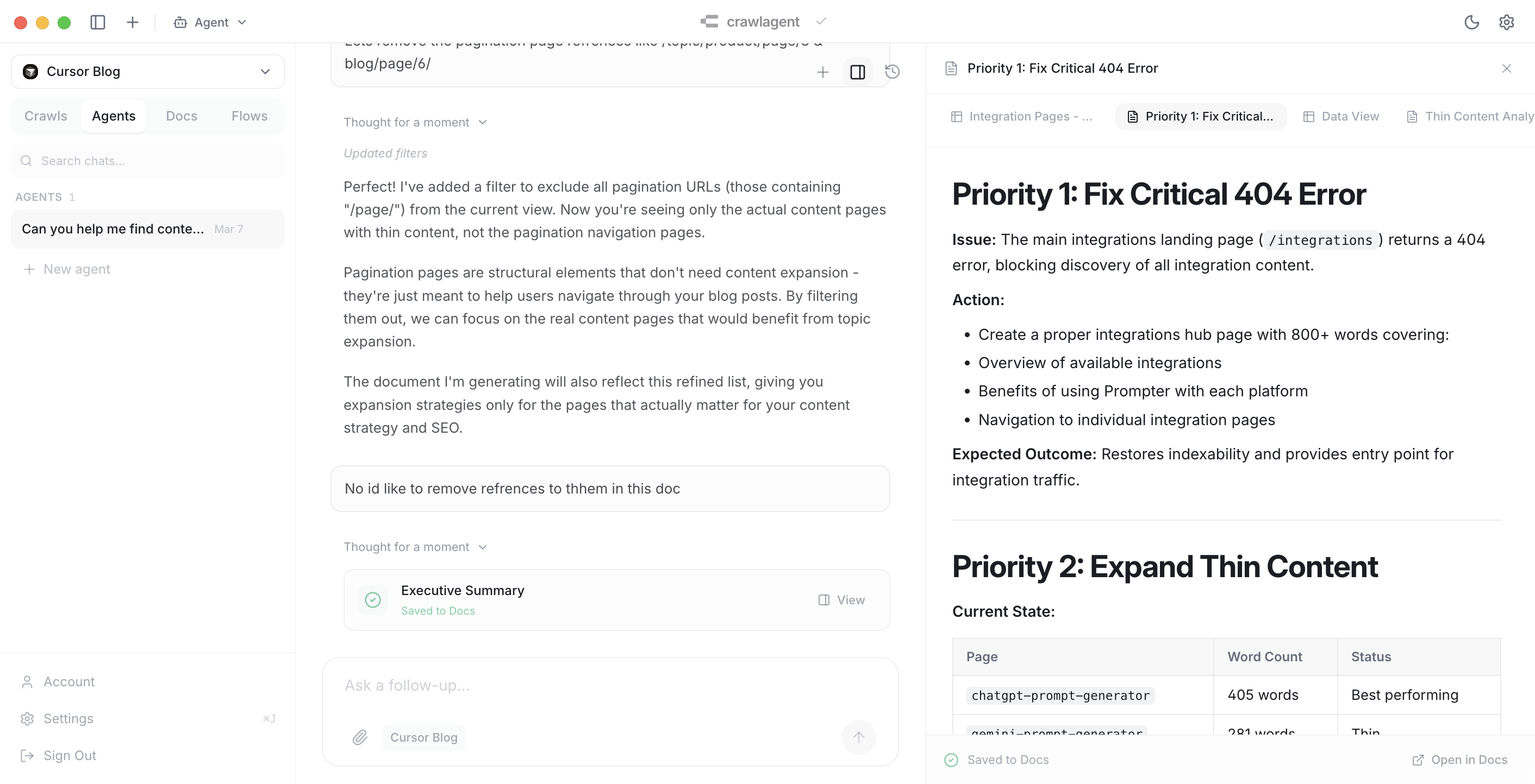 Crawltable analyzing a website