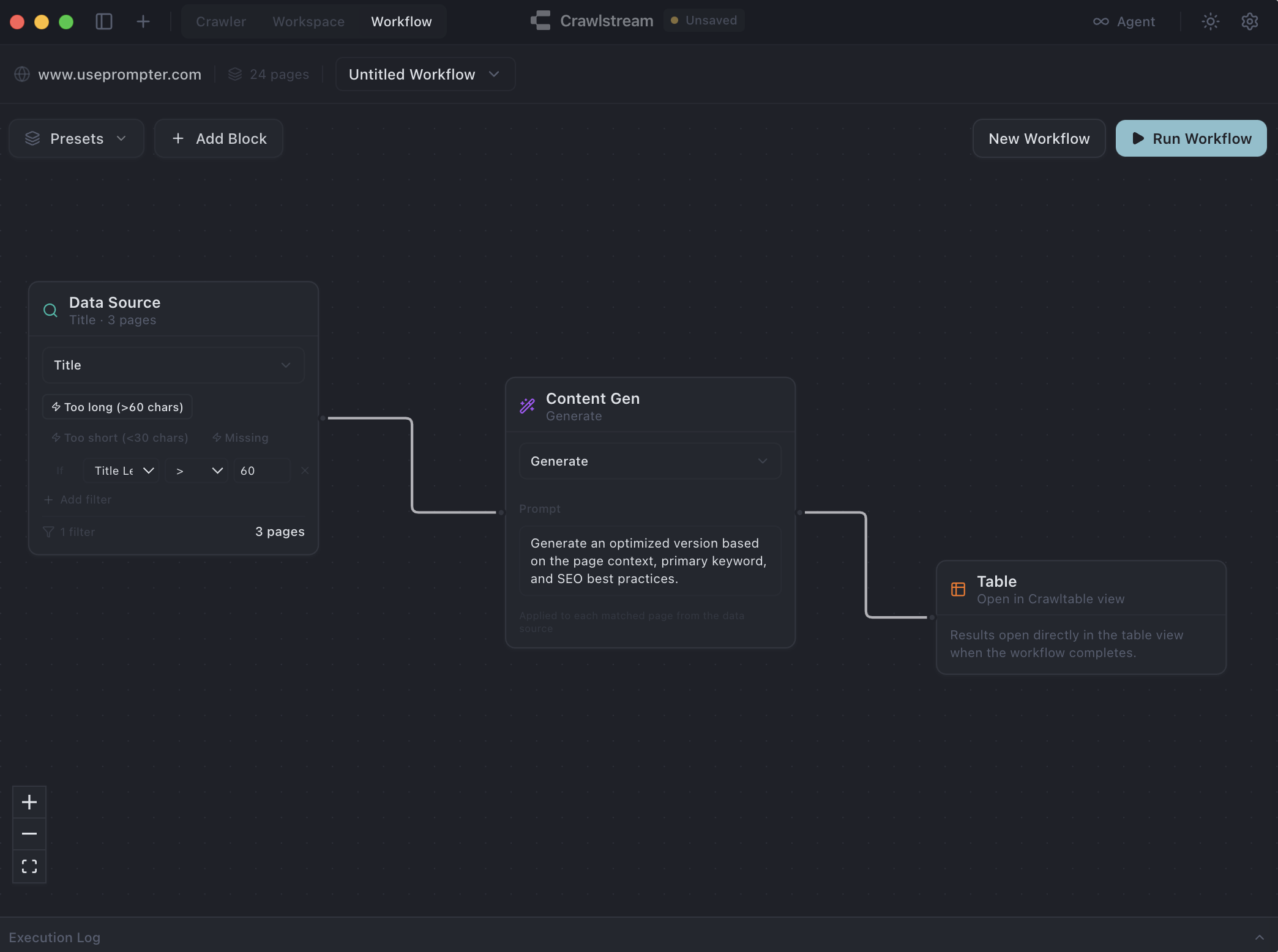 Crawltable workflows interface
