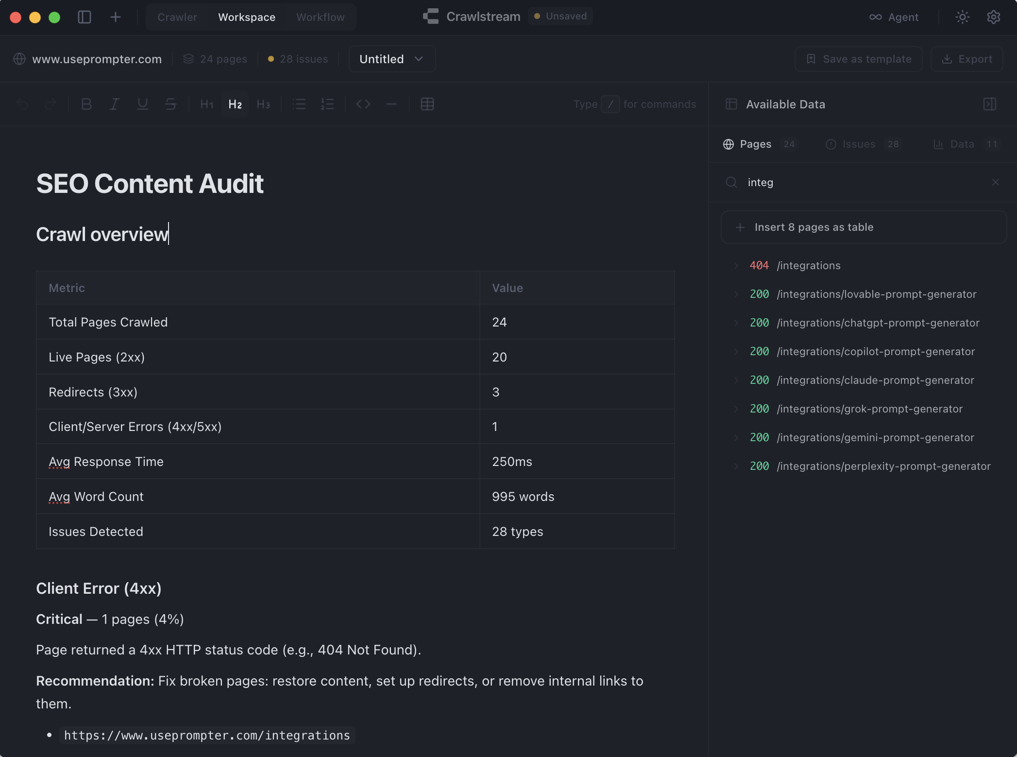 Crawltable audit generation interface